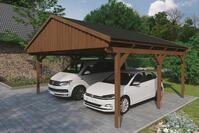 Skanholz Doppelcarport "Fichtelberg" Leimholz braun mit schwarzen Schindeln