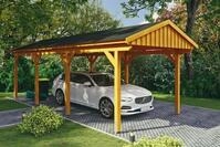 Skanholz Einzelcarport "Fichtelberg" Leimholz hellbraun mit schwarzen Schindeln