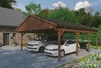 Skanholz Doppelcarport "Fichtelberg" Leimholz braun mit schwarzen Schindeln