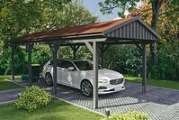 Skanholz Einzelcarport "Fichtelberg" Leimholz dunkelgrau mit roten Schindeln