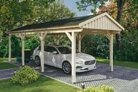 Skanholz Einzelcarport "Fichtelberg" Leimholz natur mit schwarzen Schindeln