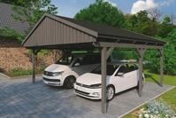 Skanholz Doppelcarport "Fichtelberg" Leimholz dunkelgrau mit schwarzen Schindeln