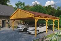 Skanholz Doppelcarport "Fichtelberg" Leimholz hellbraun mit roten Schindeln