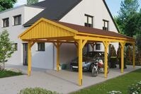 Skanholz Einzelcarport "Fichtelberg" Massivholz hellbraun mit roten Schindeln
