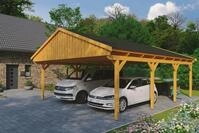 Skanholz Doppelcarport "Fichtelberg" Leimholz hellbraun mit schwarzen Schindeln