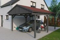 Skanholz Einzelcarport "Fichtelberg" Leimholz dunkelgrau mit roten Schindeln
