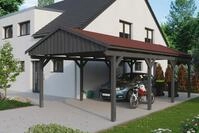 Skanholz Einzelcarport "Fichtelberg" Leimholz dunkelgrau mit roten Schindeln
