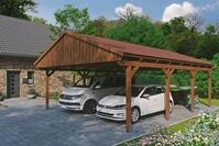 Skanholz Doppelcarport "Fichtelberg" Leimholz braun mit roten Schindeln