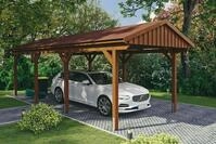 Skanholz Einzelcarport "Fichtelberg" Leimholz braun mit roten Schindeln