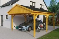 Skanholz Einzelcarport "Fichtelberg" Leimholz hellbraun mit schwarzen Schindeln
