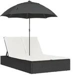 vidaXL Doppel-Sonnenliege mit Kissen&Sonnenschirm Schwarz Poly Rattan