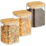 Relaxdays Vorratsgl&auml;ser mit Bambusdeckel, 3er Set, eckige Vorratsdosen aus Glas, 900