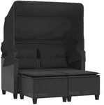 vidaXL Gartensofa 2-Sitzer mit Dach und Hockern Schwarz Poly Rattan
