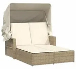 vidaXL Doppel-Sonnenliege mit Dach und Auflagen Beige Poly Rattan