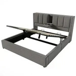 MODFU Polsterbett aus Leinen in Grau 160x200 cm mit klappbarem Becherhalter und