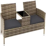 tectake Rattan Gartensitzbank mit Tisch Natur/Dunkelgrau