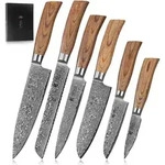 Wakoli Edib Pro 6er Damastmesser-Set I Holzbox I 8-20cm Klinge I Pakkaholzgriffe