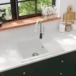vidaXL K&uuml;chensp&uuml;le mit &Uuml;berlauf Oval Wei&szlig; Granit