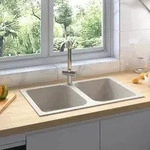 vidaXL K&uuml;chensp&uuml;le mit &Uuml;berlauf Doppelbecken Beige Granit