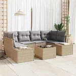 vidaXL 7-tlg. Garten-Sofagarnitur mit Kissen Beige Poly Rattan