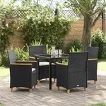 vidaXL 5-teiliges Garten-Ess-Set mit Kissen, Schwarz Poly Rattan