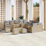 vidaXL 14-tlg. Garten-Sofagarnitur mit Kissen Beige Poly Rattan Akazie