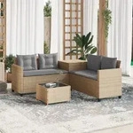 vidaXL Gartensofa in L-Form mit Tisch und Kissen Beige Poly Rattan