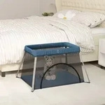 vidaXL Baby-Laufstall mit Matratze Marineblau Leinenstoff