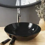 vidaXL Badezimmer Waschbecken mit Wasserhahn und Ablaufgarnitur Schwarz geh&auml;rtetes