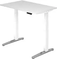 Arbeitstisch 120x80 cm Platte wei&szlig;, Gestell wei&szlig;/Alu poliert, elektrisch h&ouml;henve -