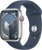 Apple MRMG3QF/A, Apple Watch Series 9 4G 45mm Silber (Blaues Silikon Armband S/M)