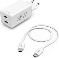 Hama Schnellladeger&auml;t + Kabel, 2x USB-C, PD/QC, Mini-Ladeger&auml;t, 35W, 1 m, Wei&szlig;