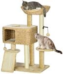 Kratzbaum 98 cm Katzenkratzbaum mit 2 Leigefl&auml;che, Spielball, Sisal Beige
