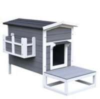 PawHut Hunde-/Katzenh&uuml;tte mit Terrasse und Balkon Tannenholz Grau + Wei&szlig; 115...