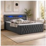 Juskys Boxspringbett Leona Samt 140x200 cm in Grau &ndash; mit LEDs, Topper &