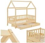 Juskys Kinderbett Marli 80 x 160 cm mit Bettkasten, Gitter, Lattenrost & Dach - Holz