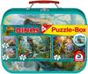 Schmidt Spiele - Kinderpuzzle - Dinos, Puzzle-Box im Metallkoffer, 2x100, 2x60 Teile