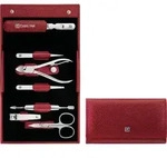 Classic Inox Manik&uuml;re-Zubeh&ouml;r rot im horizontalen Leder-Etui 7 El.