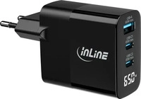 InLine USB PD Netzteil, GaN Ladeger&auml;t, 3-Port, USB-C + USB-A, 65W, mit Display