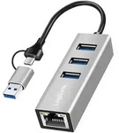 LogiLink USB 3.2 Gen1 Hub mit RJ45, 3x USB-A, 2-in-1 Kabel, Silber