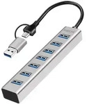 LogiLink USB 3.0 Hub, 7 Ports, 2-in-1 Kabel, 5 Gbit/s, Silber