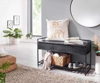 Sitzbank mit Stauraum 90x52x38 cm Mango Massivholz / Metall Flurbank Schwarz