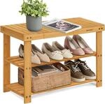SONGMICS Schuhregal, Schuhschrank mit Sitzbank, Bambus Schuhbank mit 3 Ablagen, 70 x