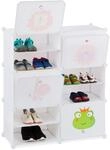 Relaxdays Schuhregal Kinder, 12 F&auml;cher f&uuml;r 24 Paar, Tiermotive, wei&szlig; 