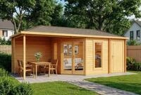 Alpholz 5-Eck Gartenhaus Liwa mit Anbau aus Holz in Impr&auml;gnierung Pinie mit...