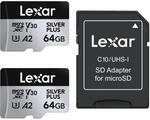 Lexar Silver Plus Micro SD Karte 64GB 2-Pack, Bis zu 205 MB/s Lesegeschwindigkeit,