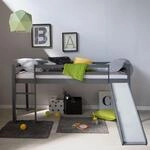 Homestyle4u Kinderbett 90x200 Grau Hochbett mit Rutsche & Lattenrost | Massives