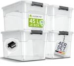 Juskys Aufbewahrungsbox mit Deckel 4er Set 45 L, transparent, gro&szlig; | stapelbare