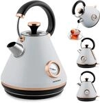 Eleganter Wasserkocher mit Thermometer, 1.7L, Retro-Stil, Grau