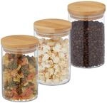 Relaxdays Vorratsgl&auml;ser mit Bambusdeckel, 3er Set, runde Vorratsdosen aus Glas, 800